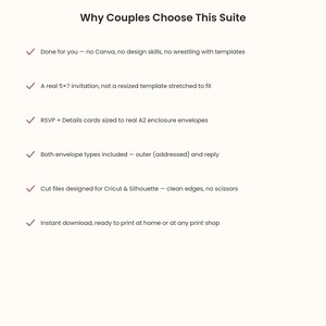May include: A white informational graphic titled Why Couples Choose This Suite, listing six bullet points with checkmarks regarding invitation design services, 5x7 inch sizing, A2 enclosure cards, envelope types, Cricut and Silhouette files.