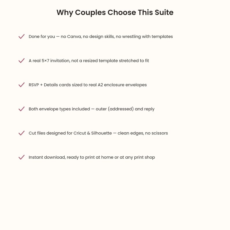 May include: A white informational graphic titled Why Couples Choose This Suite, listing six bullet points with checkmarks regarding invitation design services, 5x7 inch sizing, A2 enclosure cards, envelope types, Cricut and Silhouette files.