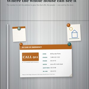 May include: A white emergency information card with orange headers and text, held by two magnets on a brushed metal surface. The card lists emergency contacts, addresses, and utility shut-off locations, featuring the text CALL 911 and IN CASE OF EMERGENCY.