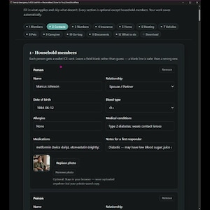 May include: A digital interface for a Family Emergency and ICE Card Kit. The dark-themed form includes fields for household member details such as name, relationship, date of birth, blood type, allergies, medical conditions, medications, and notes.