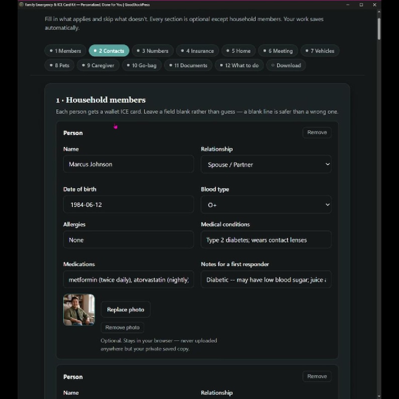 May include: A digital interface for a Family Emergency and ICE Card Kit. The dark-themed form includes fields for household member details such as name, relationship, date of birth, blood type, allergies, medical conditions, medications, and notes.