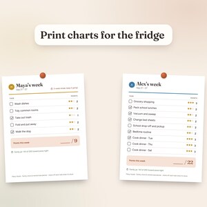 May include: Two white paper chore charts titled Print charts for the fridge, Maya's week and Alex's week. Each chart features a list of tasks with checkboxes, point values represented by stars, and a total points section at the bottom.