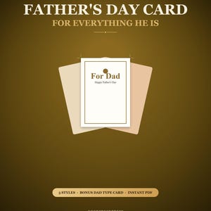 Puede incluir: Una tarjeta personalizada de Father's Day para descarga digital con una tarjeta rectangular blanca con borde dorado y el texto For Dad Happy Father's Day. El fondo es un degradado dorado oscuro con el texto Personalized Digital Download.