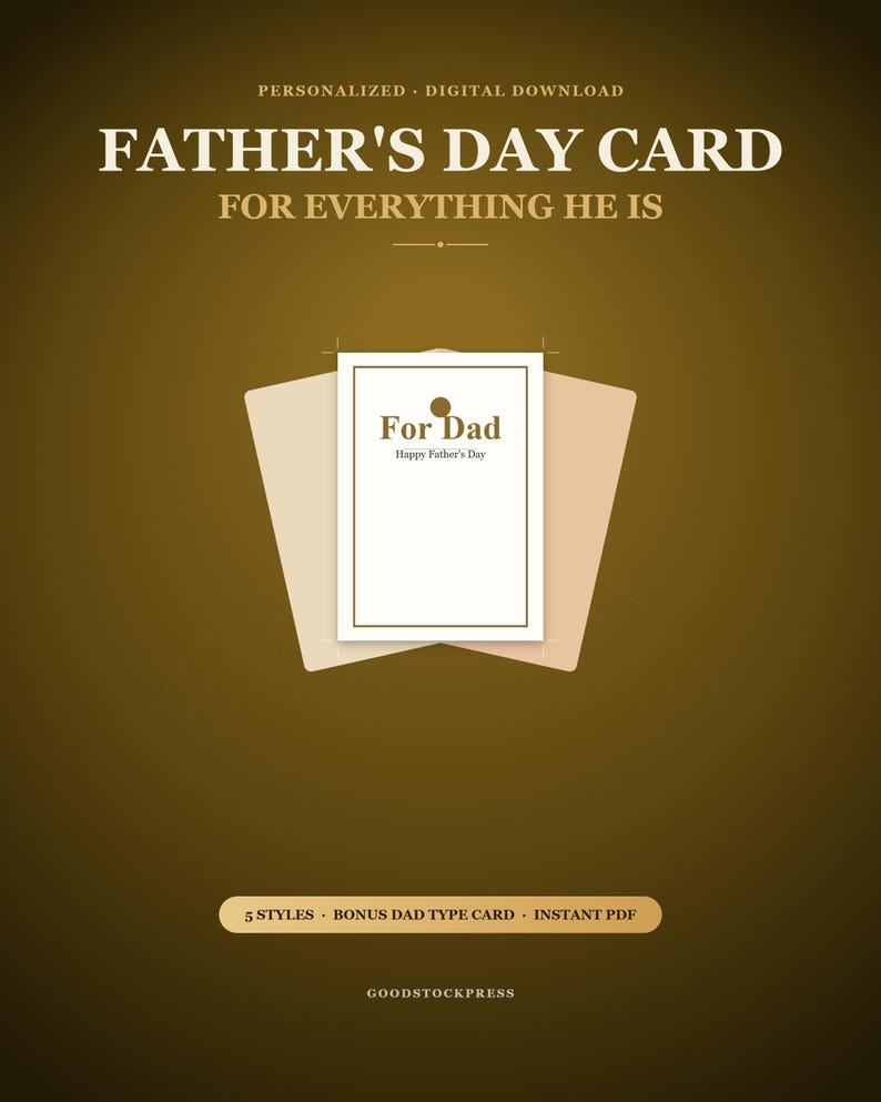Puede incluir: Una tarjeta personalizada de Father's Day para descarga digital con una tarjeta rectangular blanca con borde dorado y el texto For Dad Happy Father's Day. El fondo es un degradado dorado oscuro con el texto Personalized Digital Download.