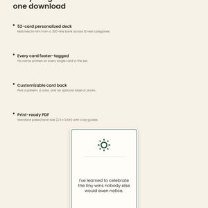 May include: A digital product listing for a 52-card personalized deck. The image displays text detailing features like a 300-line bank, footer-tagged names, and customizable backs. A sample card shows a sun icon and the text: I've learned to celebrate the tiny wins nobody else would even notice. FOR MARCUS.