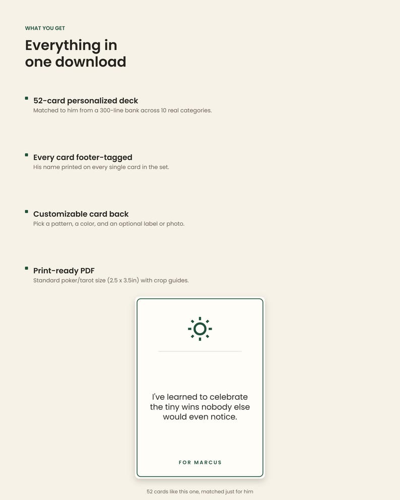 May include: A digital product listing for a 52-card personalized deck. The image displays text detailing features like a 300-line bank, footer-tagged names, and customizable backs. A sample card shows a sun icon and the text: I've learned to celebrate the tiny wins nobody else would even notice. FOR MARCUS.