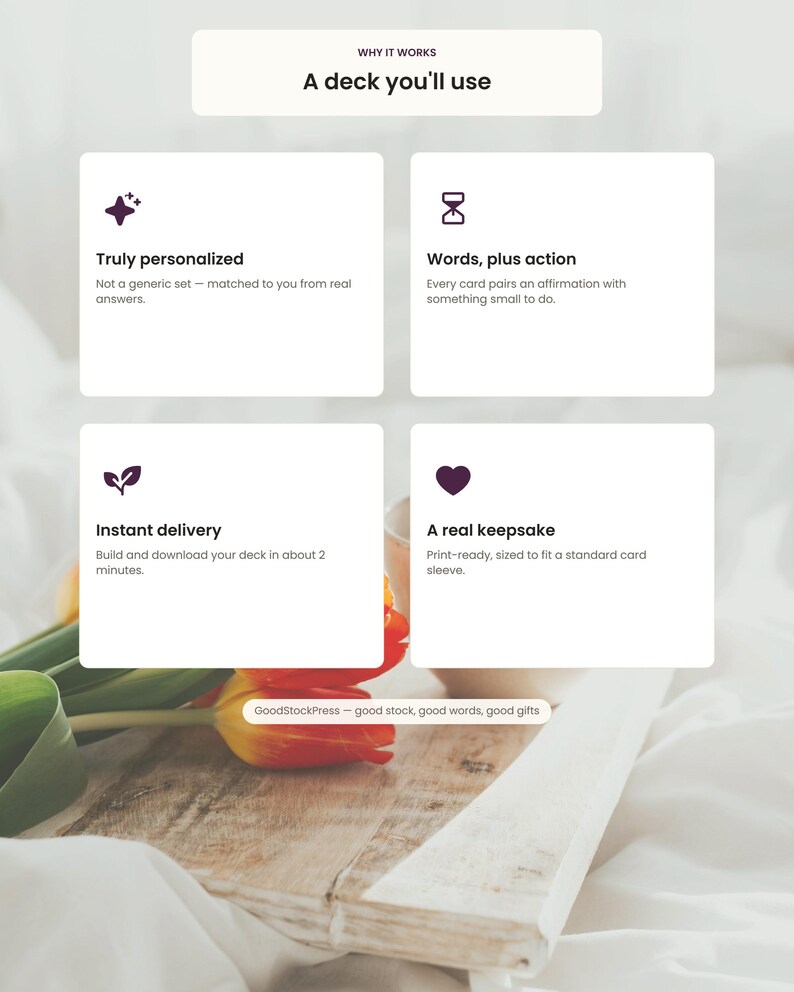 K&ouml;nnte beinhalten: Eine Infografik mit dem Titel Why It Works: A deck you'll use. Sie enth&auml;lt vier wei&szlig;e K&auml;stchen mit dunkelvioletten Symbolen und Text: Truly personalized, Words, plus action, Instant delivery und A real keepsake. Der untere Text lautet GoodStockPress.