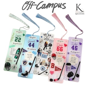 May include: Five rectangular bookmarks with tassels, each featuring unique hockey-themed graphics, names, and jersey numbers. The designs include text like Off Campus, Briar University, and various illustrations of hockey gear, pucks, and sticks.