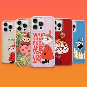 May include: Five smartphone cases featuring Little My illustrations. One case is beige with text 'ew, people', one has a floral teacup design, one is light pink with text 'WHAT THE FUCK ARE YOU LOOK AT?!', one is red, and one is blue with a fence graphic.