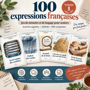 May include: A memory and language game for seniors titled 100 expressions françaises Volume 1. The set includes five illustrated cards featuring French idioms, cognitive activity icons, and text prompts for discussion and memory stimulation.