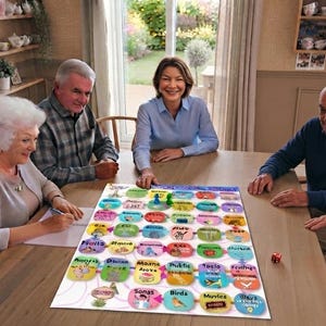 Peut inclure: Un jeu de plateau rectangulaire avec une grille colorée de cases d'activités illustrées est posé sur une table en bois. Quatre personnes sont assises autour de la table, dont une personne qui écrit sur un papier. Un dé rouge est posé sur la table.