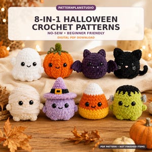 May include: A digital PDF download featuring 8-in-1 Halloween crochet patterns. The image displays eight plush figures: a white ghost, orange pumpkin, purple bat, black cat, cream mummy, purple witch, candy corn, and green monster with bolts.