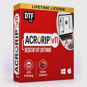 Puede incluir: Una caja de software roja para AcroRip v11 Desktop DTF Software con licencia de por vida. La caja presenta el nombre del producto, la marca DTF v2, un gráfico circular de una pantalla de portátil e iconos para impresión DTF, control de color, Windows y Apple.