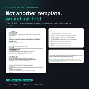 Creador de currículums ATS para ingenieros de software / Creador de currículums sin conexión con verificador ATS, coincidencia de palabras clave de anuncios de empleo, exportación a Word y PDF.