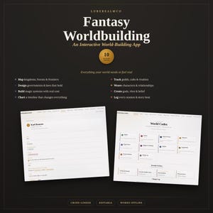 Puede incluir: Un anuncio digital para Fantasy Worldbuilding, una aplicación interactiva. El fondo negro presenta texto blanco que enumera funciones como mapear reinos y rastrear gremios. Dos capturas de pantalla muestran un perfil de personaje y un panel de control World Codex.