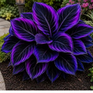 May include: A lush plant featuring broad, pointed leaves with a deep black base colour and vibrant, glowing purple edges and veins. The foliage is arranged in a dense, symmetrical cluster, creating a striking contrast between the dark centres and the bright, saturated violet margins of each individual leaf.