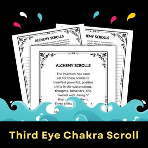 May include: Three white paper sheets titled Alchemy Scrolls with black decorative borders and text. The central sheet describes manifesting positive shifts in thoughts and behaviors. The background is black with colorful floating shapes and blue waves.