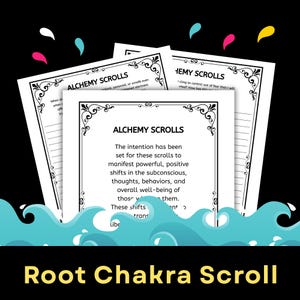 Könnte beinhalten: Drei weiße Papierbögen mit der Überschrift Alchemy Scrolls, schwarzen Zierrändern und linierten Abschnitten. Der Text beschreibt Absichten für positive Veränderungen in Gedanken und Wohlbefinden. Der Hintergrund ist schwarz mit bunten Farbspritzern.