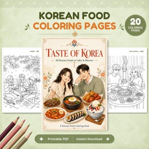 Op de afbeelding: Een Koreaans kleurboek getiteld Taste of Korea met 20 kleurplaten. De omslag toont een illustratie van twee personen met diverse Koreaanse gerechten zoals bibimbap, tteokbokki en kimbap. Twee zwart-wit kleurplaten worden weergegeven.