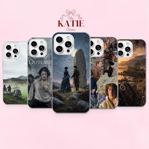 May include: Five smartphone cases featuring Outlander-themed imagery, including scenes of a couple near standing stones, a man in a historical shirt, a collage of characters, and a Scottish landscape with a castle, all with triple-lens camera cutouts.