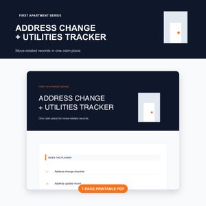 Może przedstawiać: 7-stronicowy plik PDF do druku zatytułowany First Apartment Series Address Change + Utilities Tracker. Dokument posiada ciemnoniebieski nagłówek z ikoną drzwi oraz białą sekcję z listą kontrolną zmiany adresu i rejestrem aktualizacji.