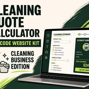 Peut inclure: Un ordinateur portable affichant une interface de site web de calculateur de devis de nettoyage avec des champs pour le type de propriété, le type de service et le nombre de pièces. L'écran affiche un total de 240,00 $. Texte Cleaning Quote Calculator.