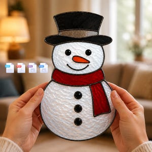 May include: A stained glass snowman ornament featuring a textured white body, a black top hat with a metallic band, a bright orange carrot nose, a red scarf, and three black circular buttons, all outlined in dark metal solder lines.