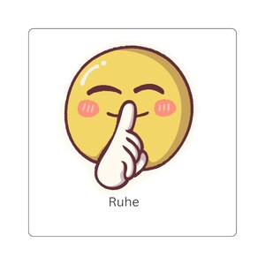 May include: A yellow circular emoji sticker featuring a face with closed eyes, a small smile, and pink cheeks. A white hand is positioned in front of the mouth with an index finger raised in a shushing gesture. The word "Ruhe" is printed below.