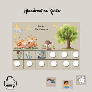 Könnte beinhalten: Ein druckbares Diagramm mit dem Titel Abendroutine Kinder und Meine Abendroutine, das Aquarellillustrationen von Füchsen, einem Reh und einem Baum zeigt. Es enthält ein Raster mit Symbolen eines Kindes, eines Mondes und leeren Kreisen.