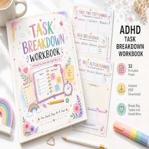 Cahier d'exercices de répartition des tâches pour le TDAH, PDF imprimable, agenda pour les troubles des fonctions exécutives, feuilles de travail colorées, format US Letter + A4