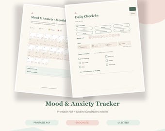 Könnte beinhalten: Ein digitaler Mood & Anxiety Tracker als druckbares PDF und GoodNotes-Edition mit einer Daily Check-In-Seite zur Stimmungserfassung, Angstskala, Schlaf-Checkboxen und Aufgabenlisten sowie einer monatlichen Kalenderseite für Stimmungen.