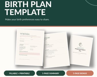 Könnte beinhalten: Eine digitale Geburtsplan-Vorlage von Exhale Press Co. mit einer einseitigen Zusammenfassung, Geburtspräferenzen und einem Plan zur Wochenbettbetreuung. Das Dokument enthält ausfüllbare und druckbare Abschnitte für Geburtswünsche, Krankenhausübergabe und Unterstützung.
