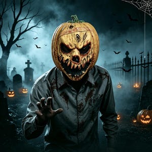May include: A full-head pumpkin mask featuring a weathered, textured orange surface with deep-set black eye sockets and a jagged, toothy grin. The mask is worn with a light-colored, long-sleeved button-down shirt stained with dark red splatters.
