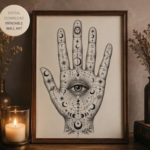 Könnte beinhalten: Ein gerahmter schwarz-weißer Druck mit einer detaillierten Illustration einer offenen Handfläche mit einem Auge in der Mitte, umgeben von Himmelszeichen, Mondphasen und Tierkreiszeichen. Der Text DIGITAL DOWNLOAD PRINTABLE WALL ART ist sichtbar.