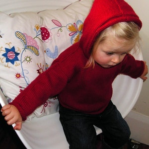 Hooded Pullover Knitting Pattern - three sizes 0-2 years - 8 ply LovellsKnits Merino (intermediate knitter)