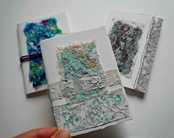 Handmade notebooks, textile/ mixed media art, hand torn watercolour paper, hand stitched books, original art, painted, stitched, embroidered