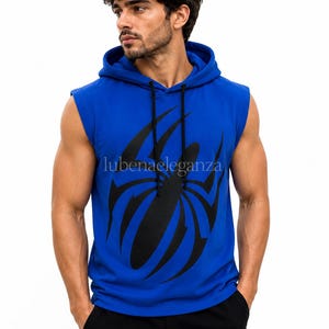 Scarlet Spider Blue Ärmlös Hoodie för Herrar, Spider Superhjälte Fleece Tröja, Halloween Cosplay, Gym Workout Linne, Serietidning Fan Gåva