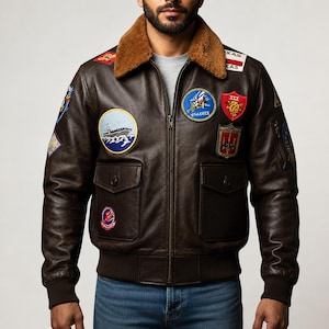 Aviator G1 Navy Flight Bomber Leather Jacket Men, Military Pilot Jacket, Brown Leather Coat, Removable Fur Collar, Vintage Air Force Jacket