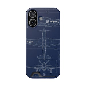 May include: A dark blue phone case featuring a white technical blueprint of a P-51 Mustang fighter aircraft. The design includes top and front views of the plane, technical markings, and measurements in feet and inches, with the text B6-S visible.