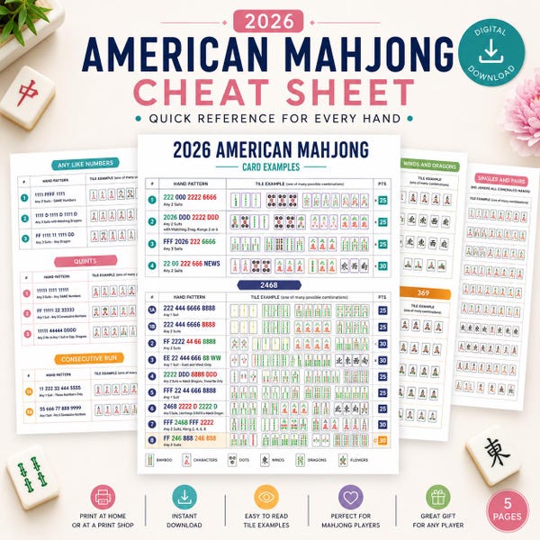 May include: A 2026 American Mahjong cheat sheet digital download featuring five pages of quick reference guides. The documents display various hand patterns, tile examples, and point values for gameplay, organized by categories like quints and runs.