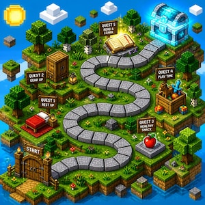 May include: A pixel art style game board featuring a winding stone path on a floating island. The path leads past five quest stations labeled Start, Quest 1 Rest Up, Quest 2 Gear Up, Quest 3 Healthy Snack, Quest 4 Play Time, and Quest 5 Read & Learn.