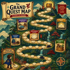 May include: A game board titled The Grand Quest Map with 35 steps to legend. The path winds up a mountain toward a treasure chest. It features mission signs for Entryway, Bedroom Reset, Meal Cleanup, Reading Practice, and Tidy Station quests.