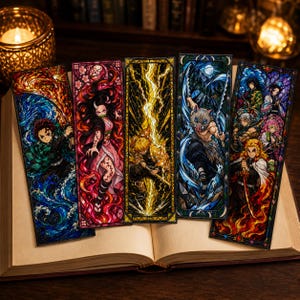 May include: A set of five rectangular bookmarks featuring vibrant, stained-glass style illustrations of anime characters. Each bookmark displays distinct scenes with dynamic colours, including blue water, pink floral patterns, yellow lightning, and fire.