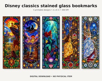Boekmarken met glas-in-loodmotief van Disney-klassiekers, printbare sprookjesset van 5