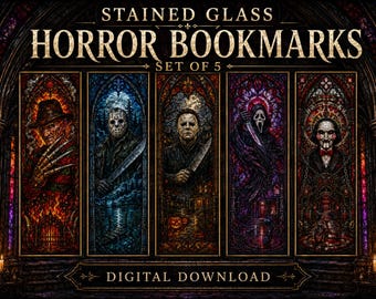 Stained Glass Horror Bookmark Set of 5, Gothic Reader Gift, Digital Download
