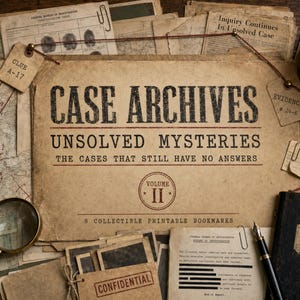Może przedstawiać: Kolekcja dokumentów w stylu vintage zatytułowana Case Archives Unsolved Mysteries Volume II, zawierająca postarzany papier, lupę, czarny notatnik z napisem Detective Notes oraz różne etykiety dowodowe oznaczone jako Clue A-17, Evidence #24-6 i Lead X-3.