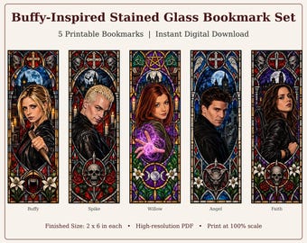 Juego de marcapáginas de vidrieras inspirados en Buffy / 5 marcapáginas góticos de vampiros para imprimir / Descarga digital