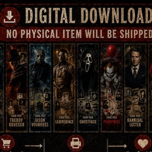 Puede incluir: Un gráfico de descarga digital que presenta ocho paneles verticales de personajes de películas de terror, incluidos Michael Myers, Freddy Krueger, Jason Voorhees, Leatherface, Ghostface, Pennywise, Hannibal Lecter y Chucky, etiquetados como archivos de caso.
