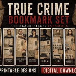 Può includere: Un set di otto segnalibri stampabili intitolati True Crime Bookmark Set: The Black Files: Infamous. Ogni segnalibro presenta un ritratto in stile foto segnaletica di figure famigerate, tra cui Ted Bundy, Jeffrey Dahmer, John Wayne Gacy, Richard Ramirez, Zodiac, BTK, Aileen Wuornos e Dylan Klebold, insieme a documenti di casi simulati, impronte digitali ed etichette di prove.