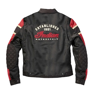 May include: A black mesh motorcycle jacket featuring red panels on the shoulders and sleeves. The back displays the text ESTABLISHED 1901, the word Indian in red script, and MOTORCYCLE. It includes quilted black elbow patches and snap closures.